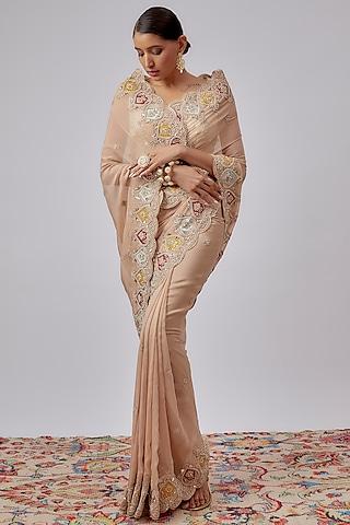 beige organza hand embroidered saree set
