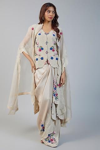 beige organza pearl embroidered butterfly cape set