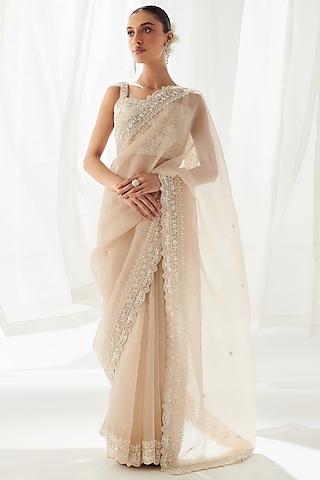 beige organza resham embroidered saree set