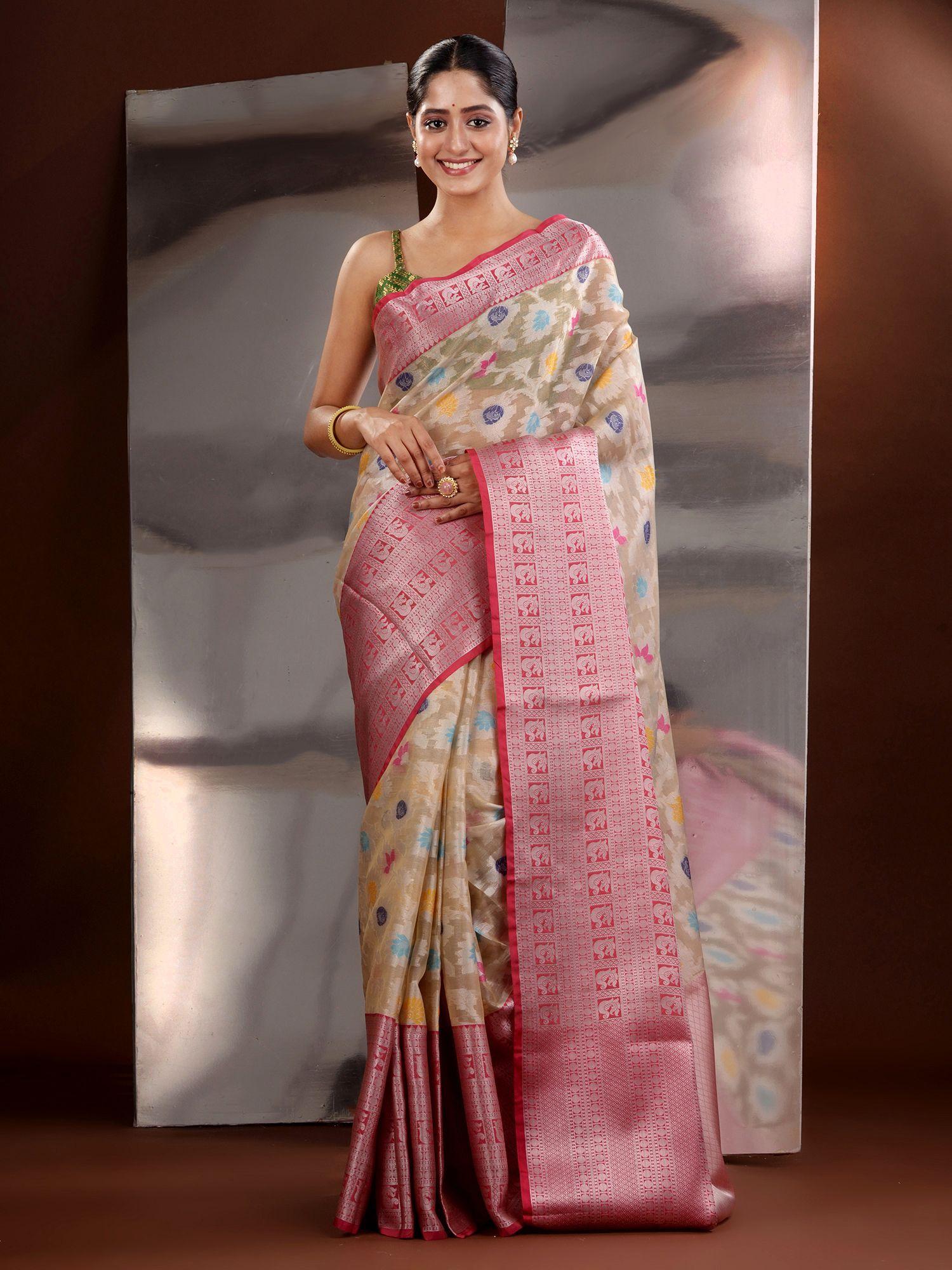 beige organza zari handwoven saree with unstitched blouse