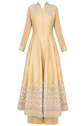 beige ornate floral embroidered anarkali set with palazzo pants