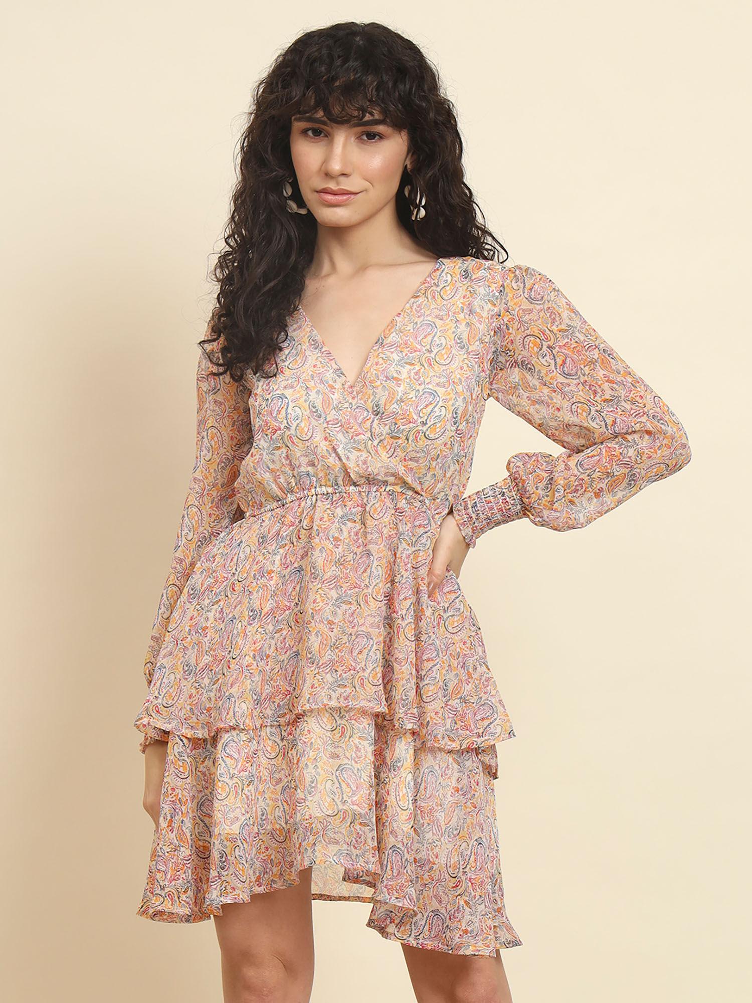 beige paisley printed overlap dress