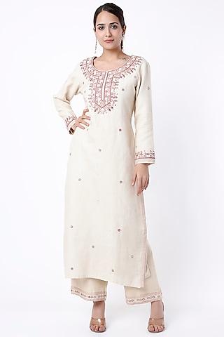 beige pearl hand embroidered kurta set