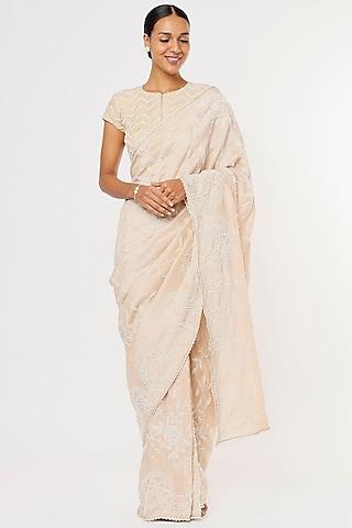beige pearl hand embroidered saree set