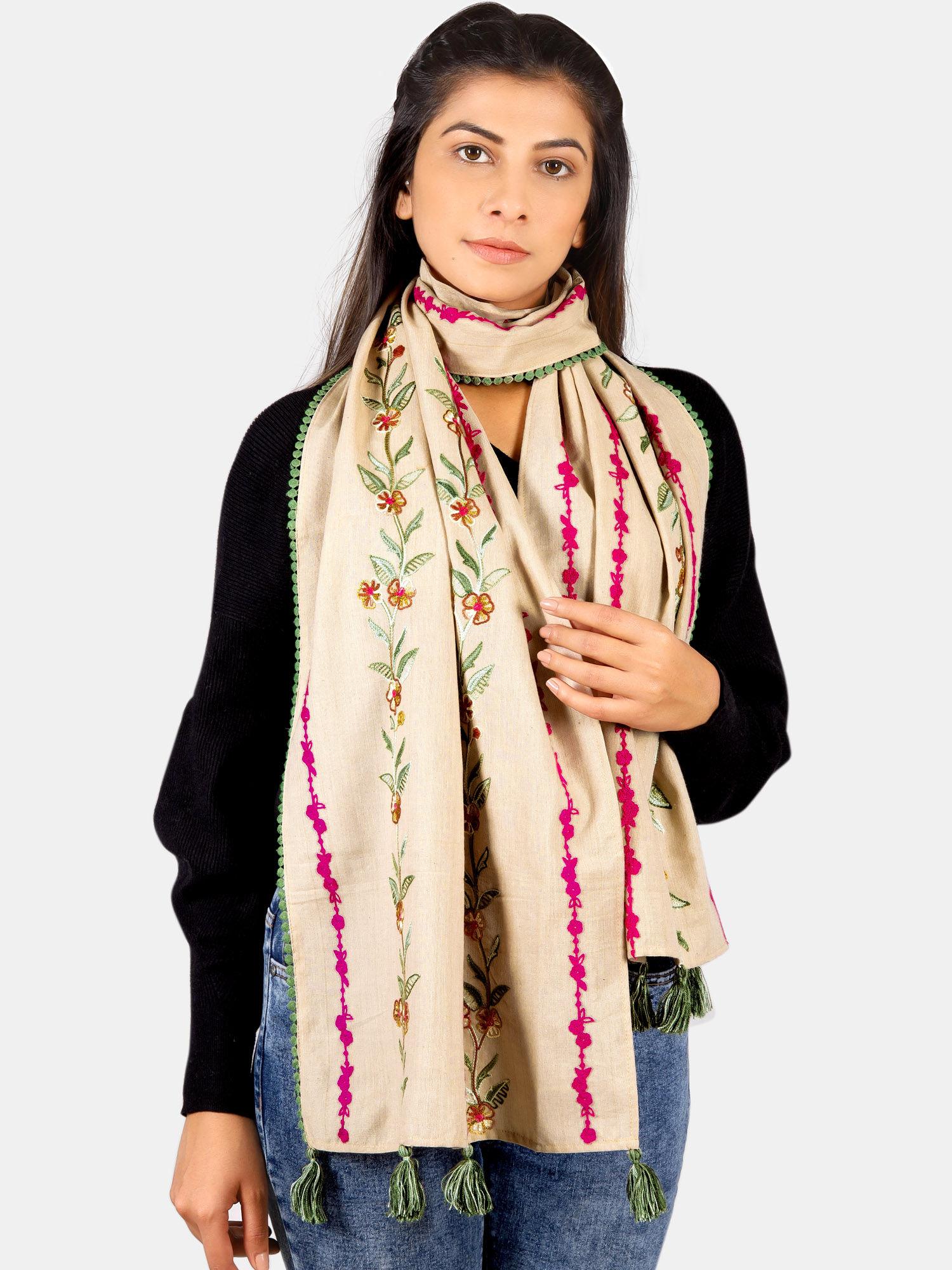 beige pink olive flower embroidered khadi stole