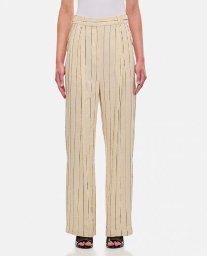 beige pinstriped pants