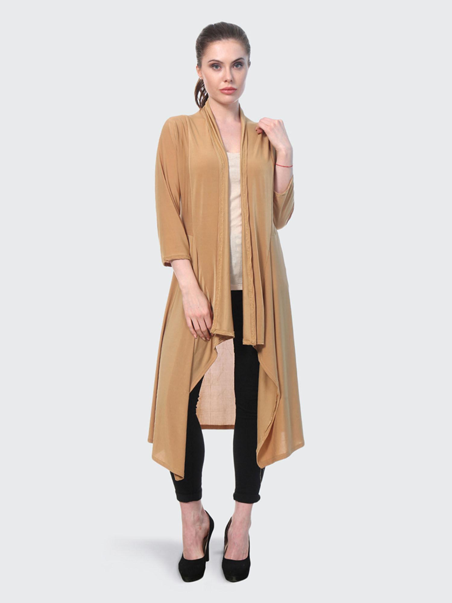 beige plain hosiery lycra long shrug for women