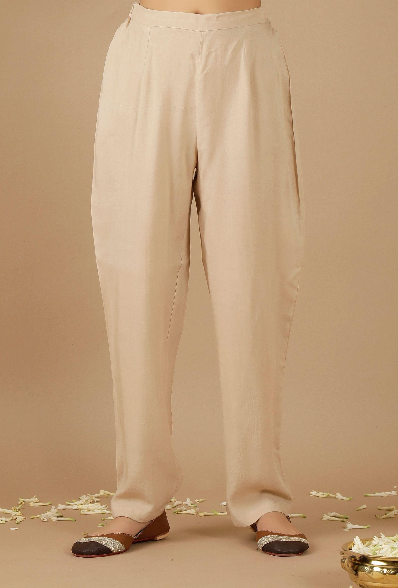 beige plain rayon straight pants