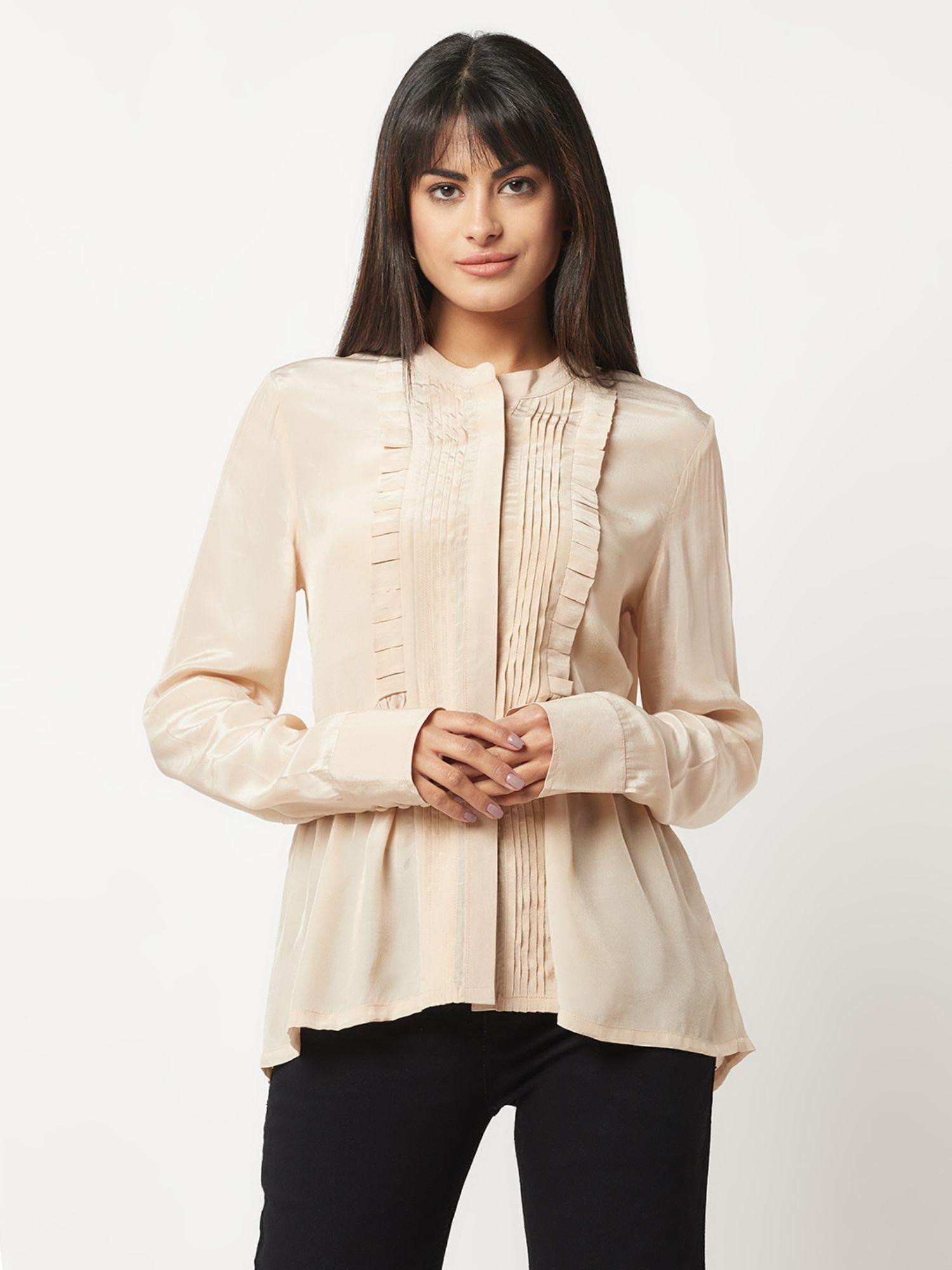 beige pleated silk shirt