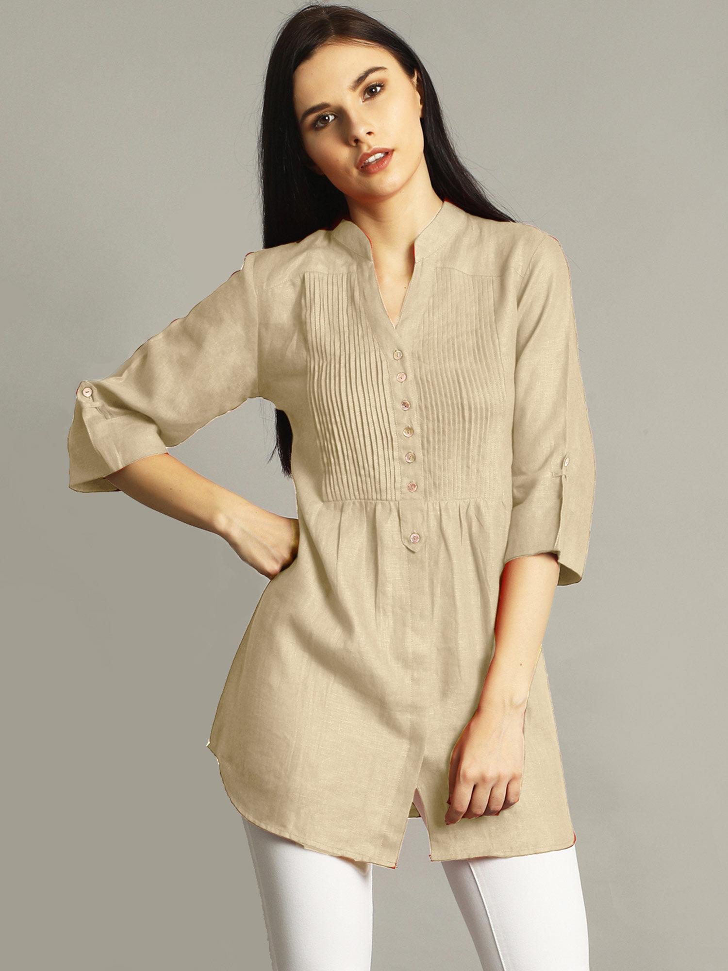 beige pleated yoke roll up tunic