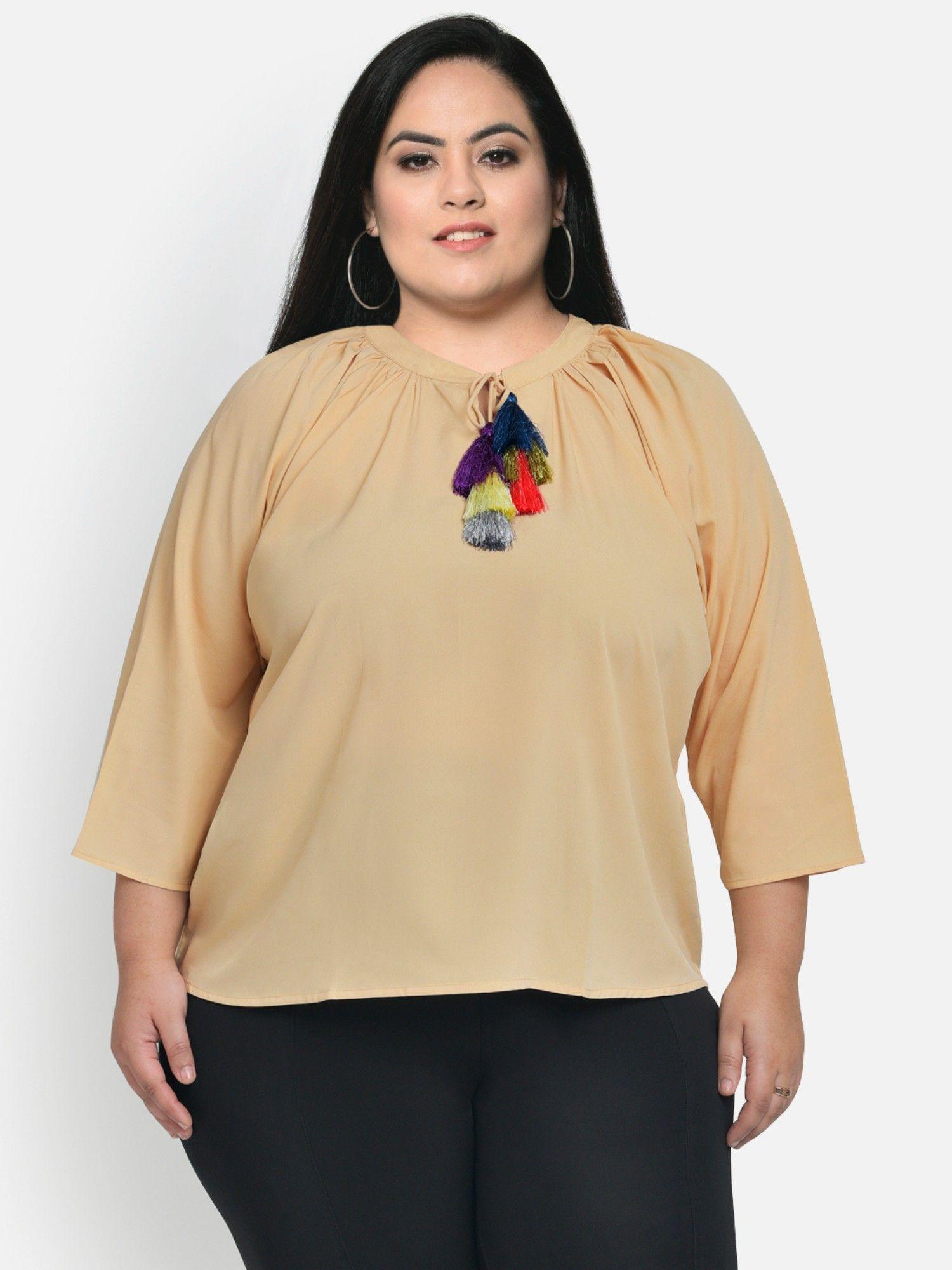 beige plus size multi colored tassel top