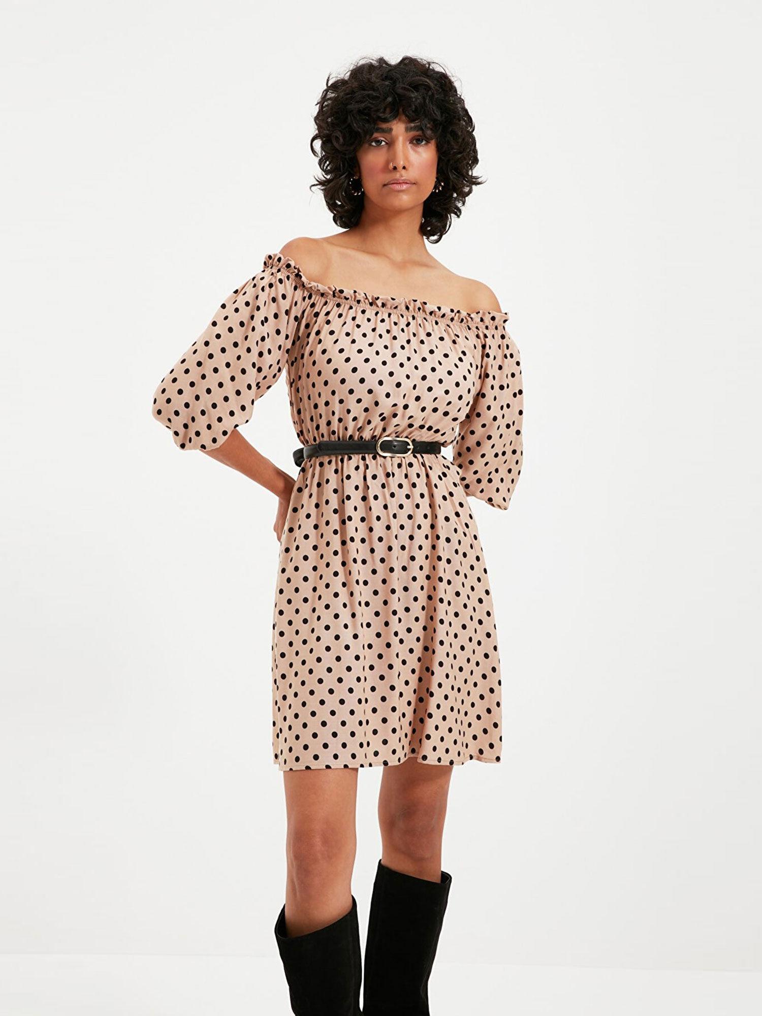 beige polka dot full shoulder mini dress