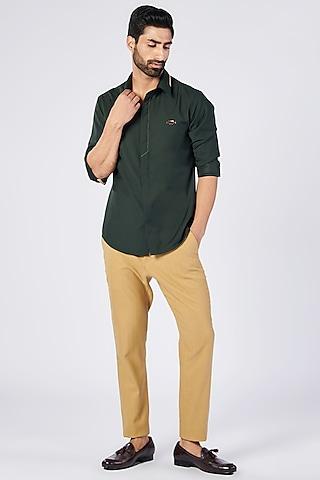 beige poly blend & viscose slim fit trousers