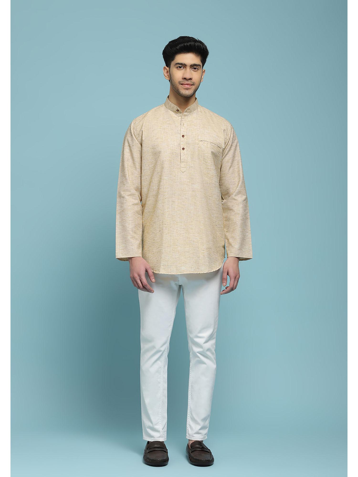 beige poly cotton men's short kurta