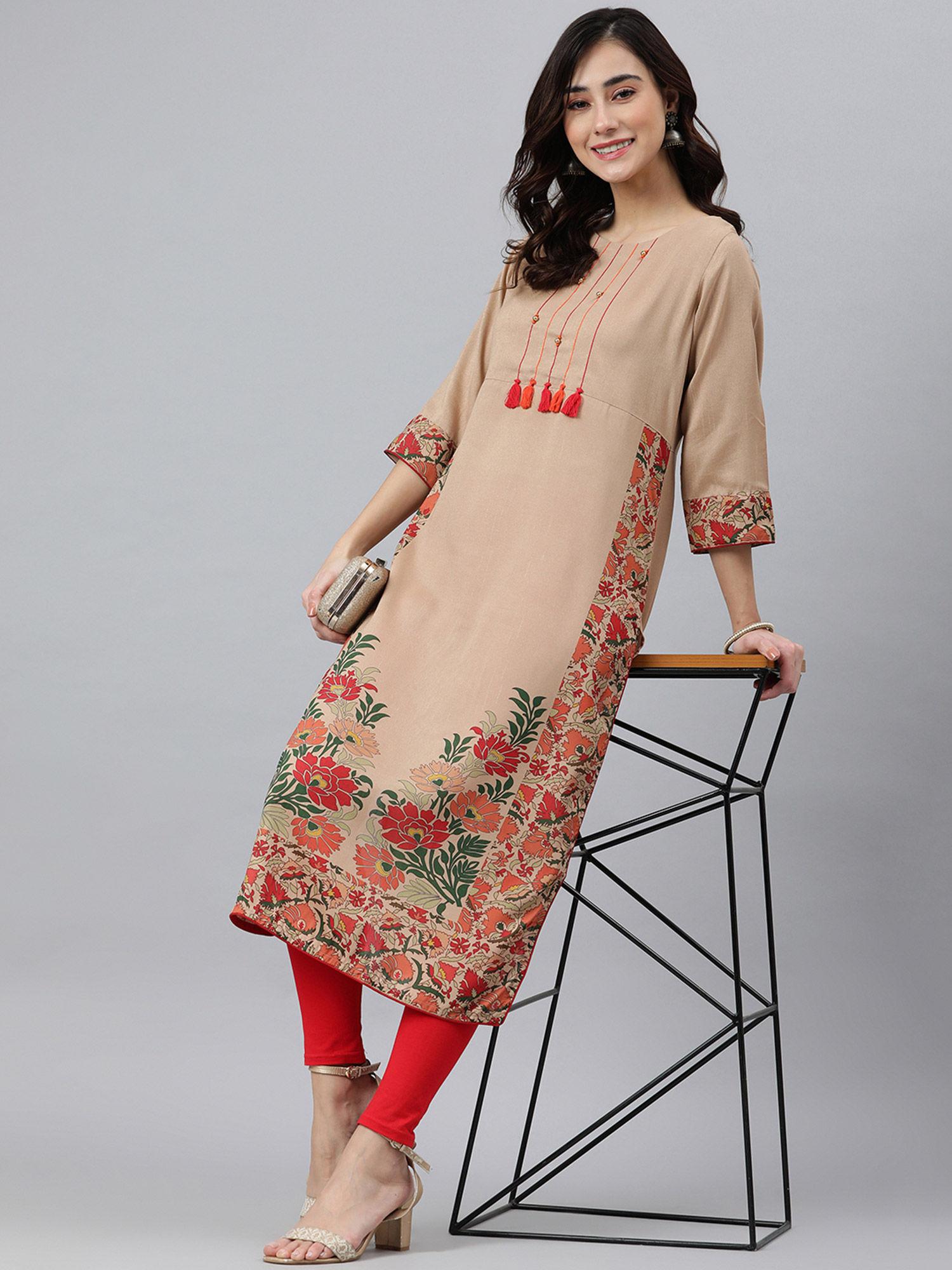 beige poly silk floral print straight kurta