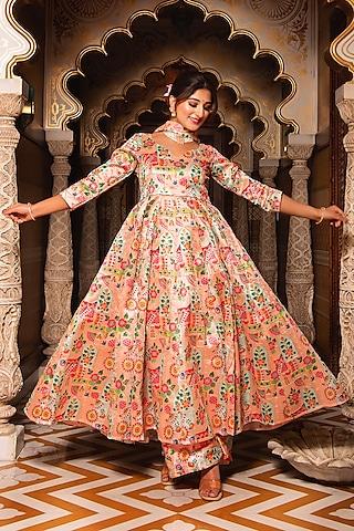 beige poly viscose printed anarkali set