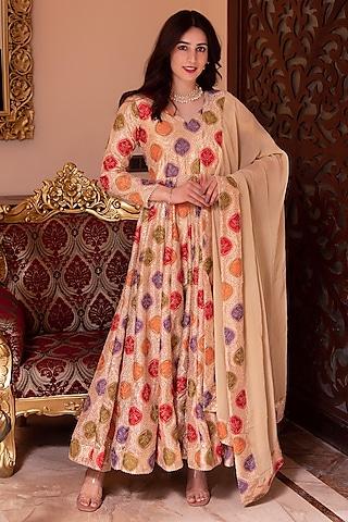 beige poly viscose printed anarkali set