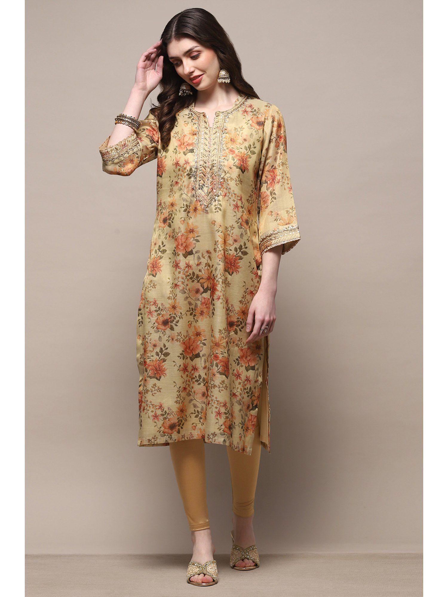 beige polyester straight kurta