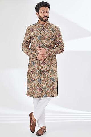 beige polyester yarn printed & embroidered sherwani