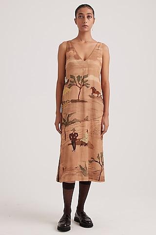 beige premium cotton printed midi dress