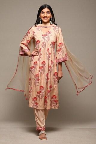 beige print casual v neck 3/4th sleeves women straight fit pant kurta dupatta set