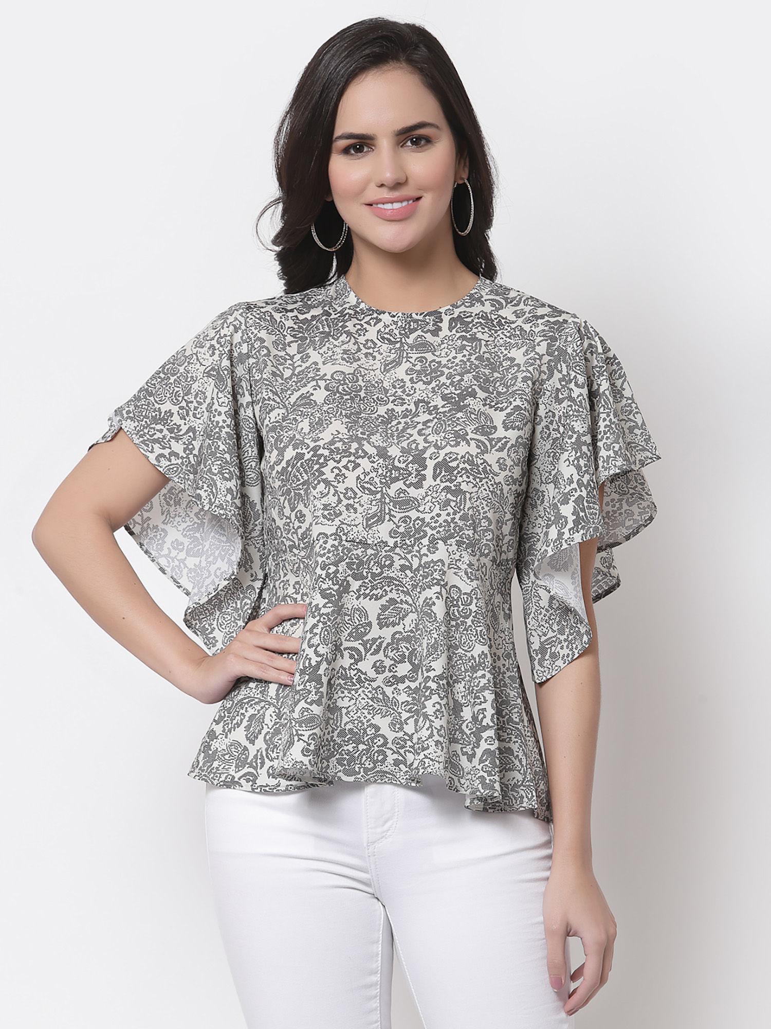 beige print crepe peplum top