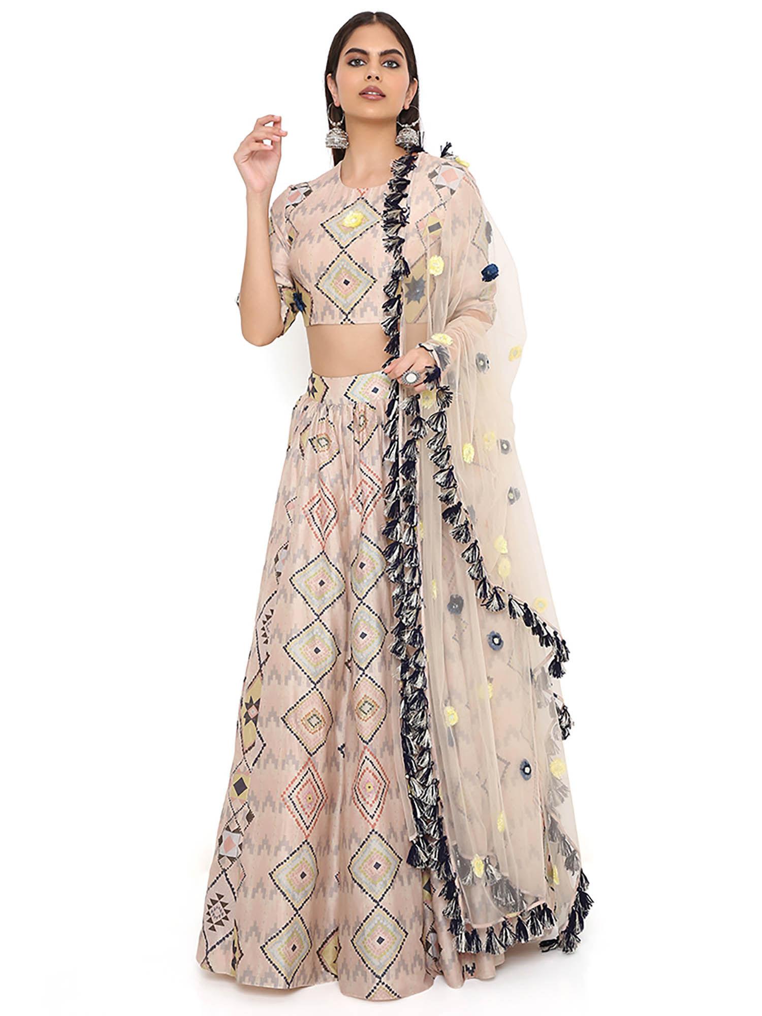 beige print embroidered blouse with lehenga and dupatta (set of 3)