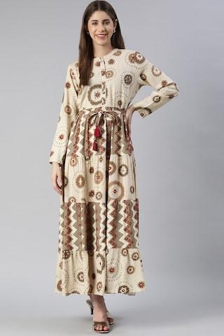 beige print round neck casual ankle-length full sleeves women straight fit dress