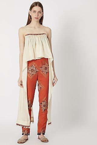 beige printed & embellished cape top with pants