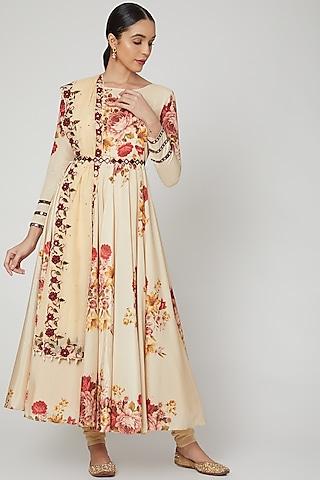 beige printed & embroidered anarkali set