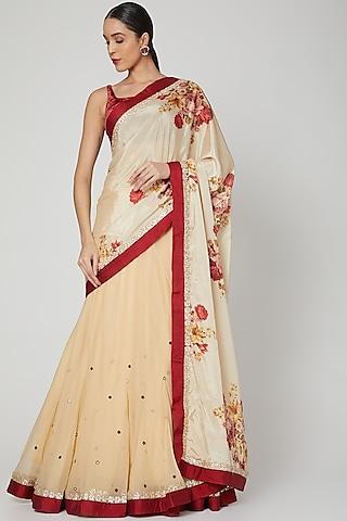 beige printed & embroidered lehenga saree set