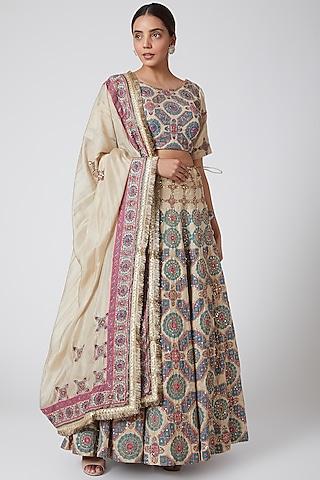 beige printed & embroidered lehenga set