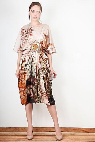 beige printed & embroidered poncho tunic