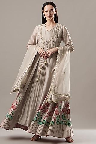 beige printed anarkali set