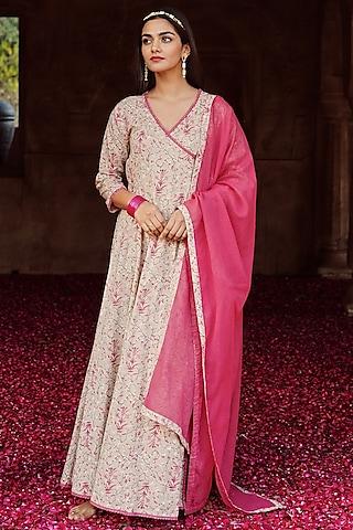 beige printed angrakha anarkali set