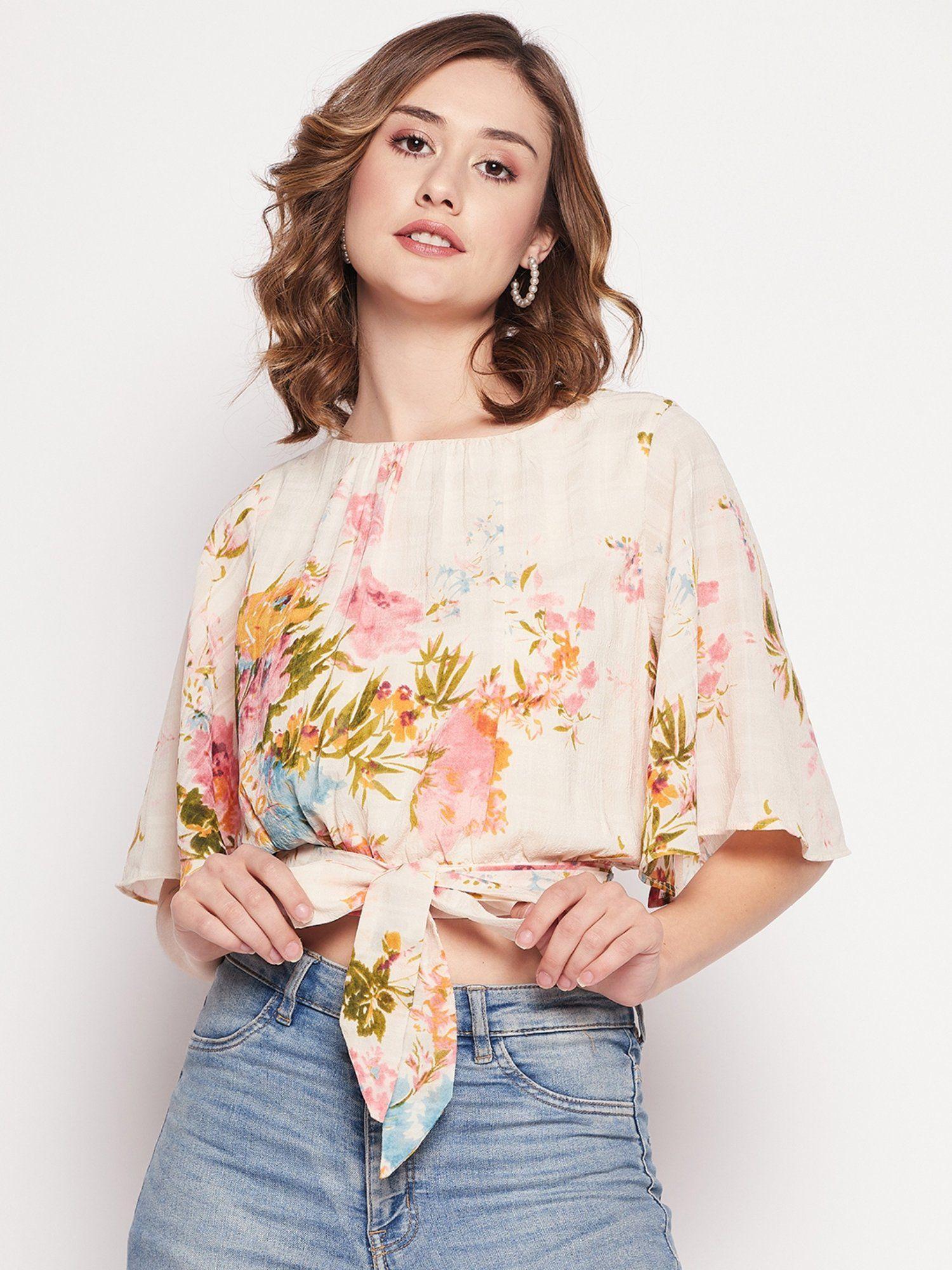 beige printed boat neck crop tops