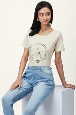 beige printed casual half sleeves round neck women regular fit t-shirt