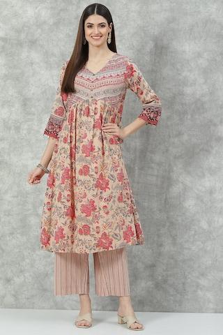 beige printed casual v neck 3/4th sleeves ankle-length women relaxed fit kurta palazzo set