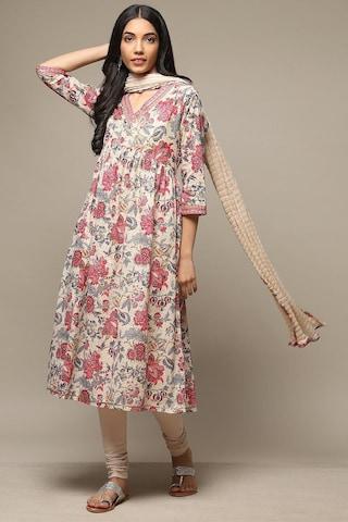 beige printed casual v neck 3/4th sleeves ankle-length women straight fit churidar kurta dupatta set