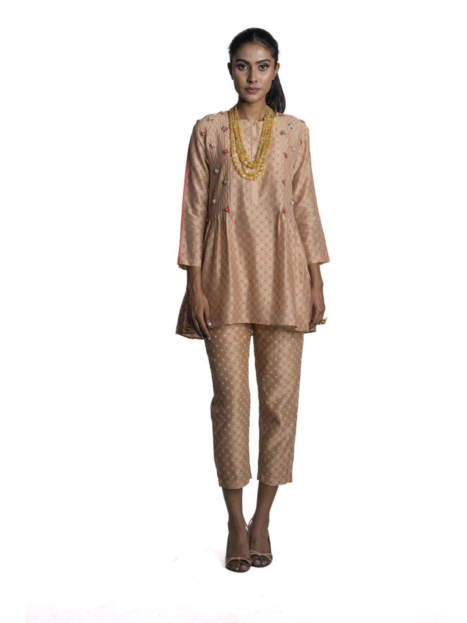 beige printed chanderi tunic (set of 2)