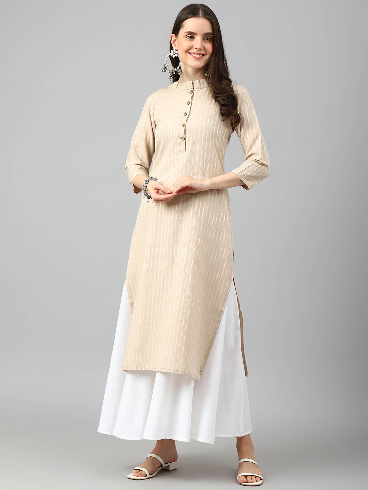 beige printed cotton blend kurta