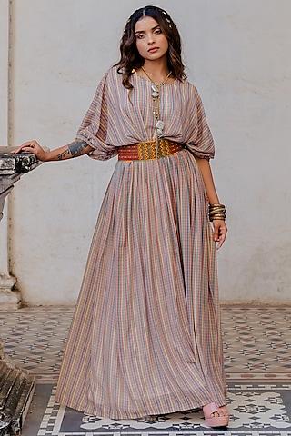 beige printed dress with belt