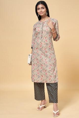 beige printed ethnic round neck 3/4th sleeves calf-length women regular fit kurta pant set