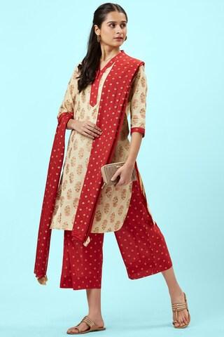 beige printed ethnic v neck 3/4th sleeves knee length women regular fit kurta pant dupatta set