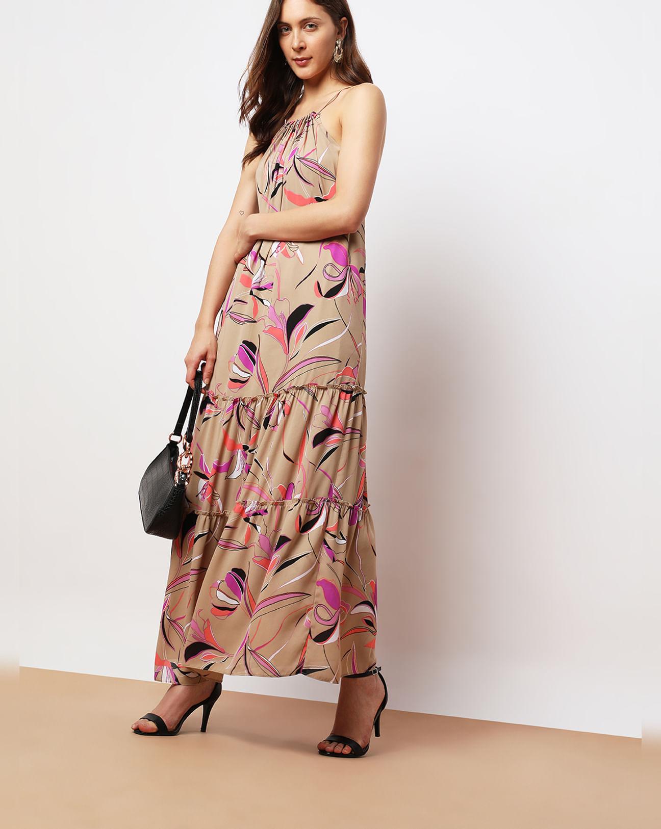 beige printed halter neck maxi dress