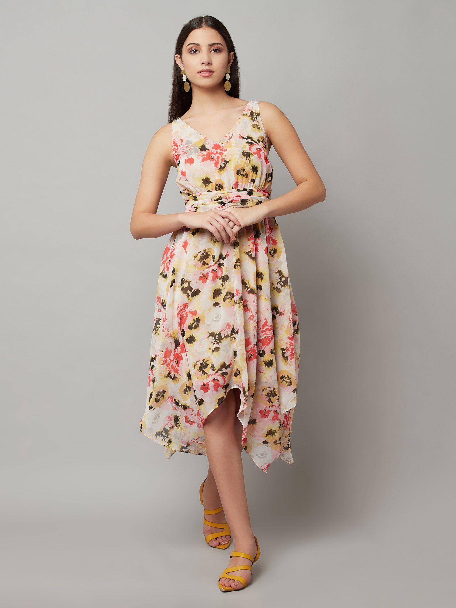 beige printed high low midi dress