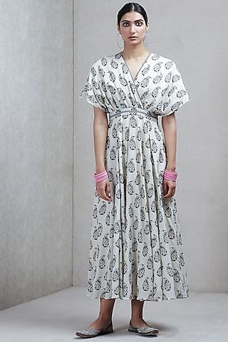 beige printed kaftan dress