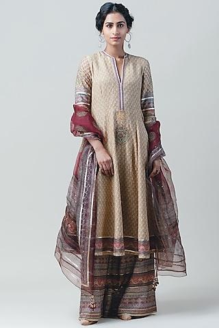 beige printed kalidar kurta set