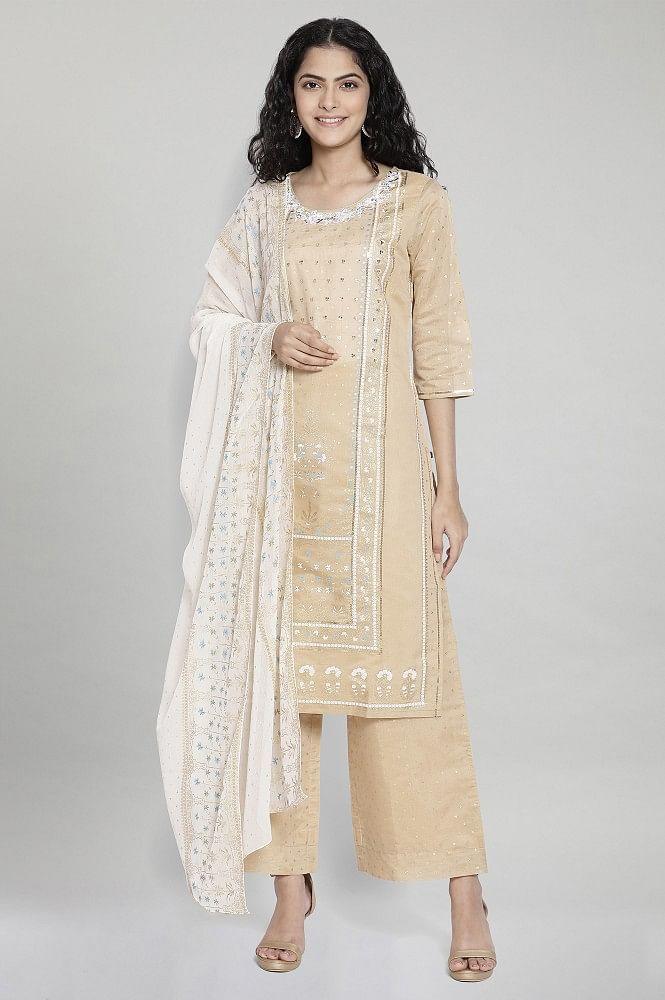 beige printed kurta palazzo dupatta set