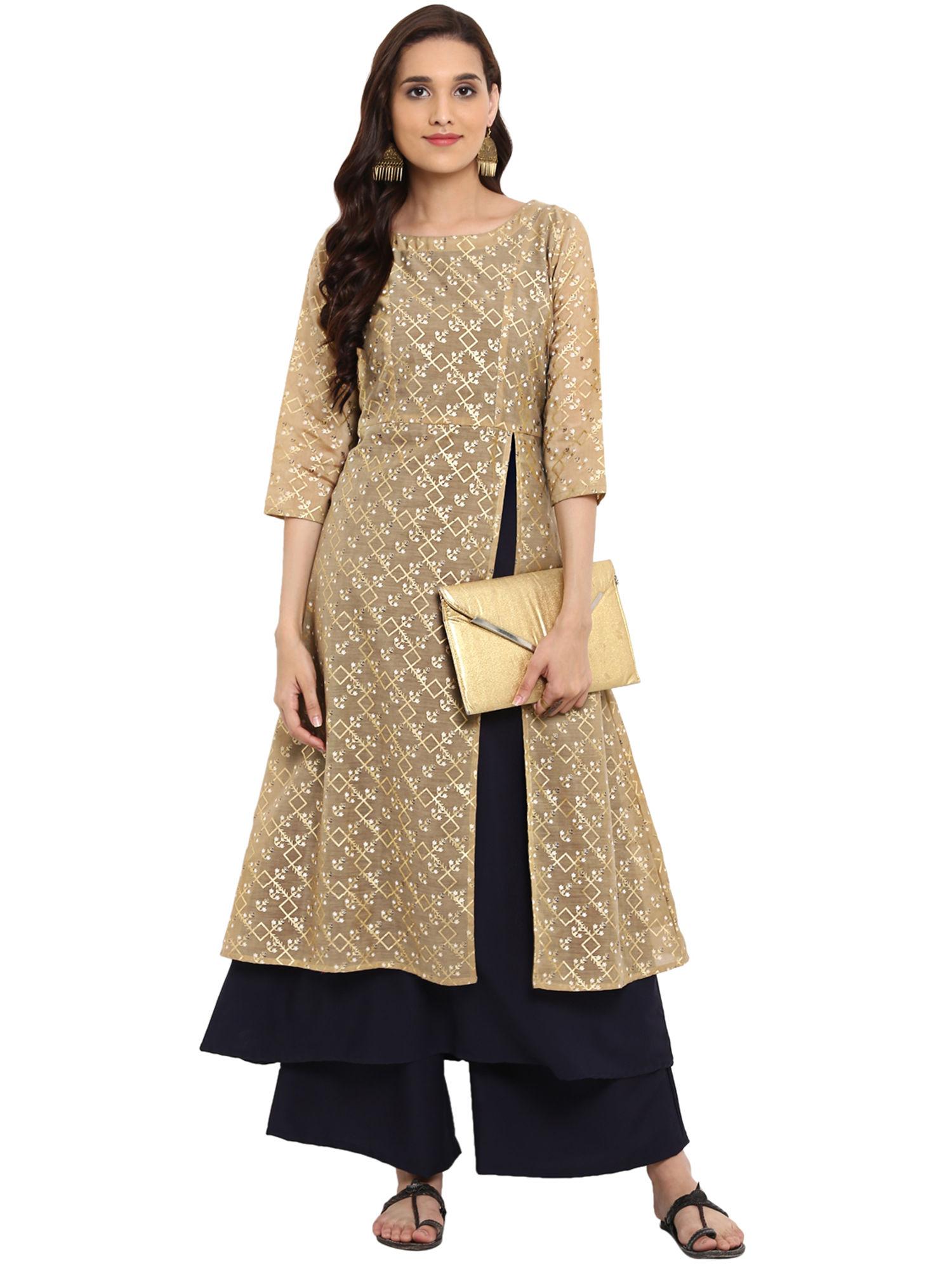 beige printed kurta with inner & palazzo (set of 3)